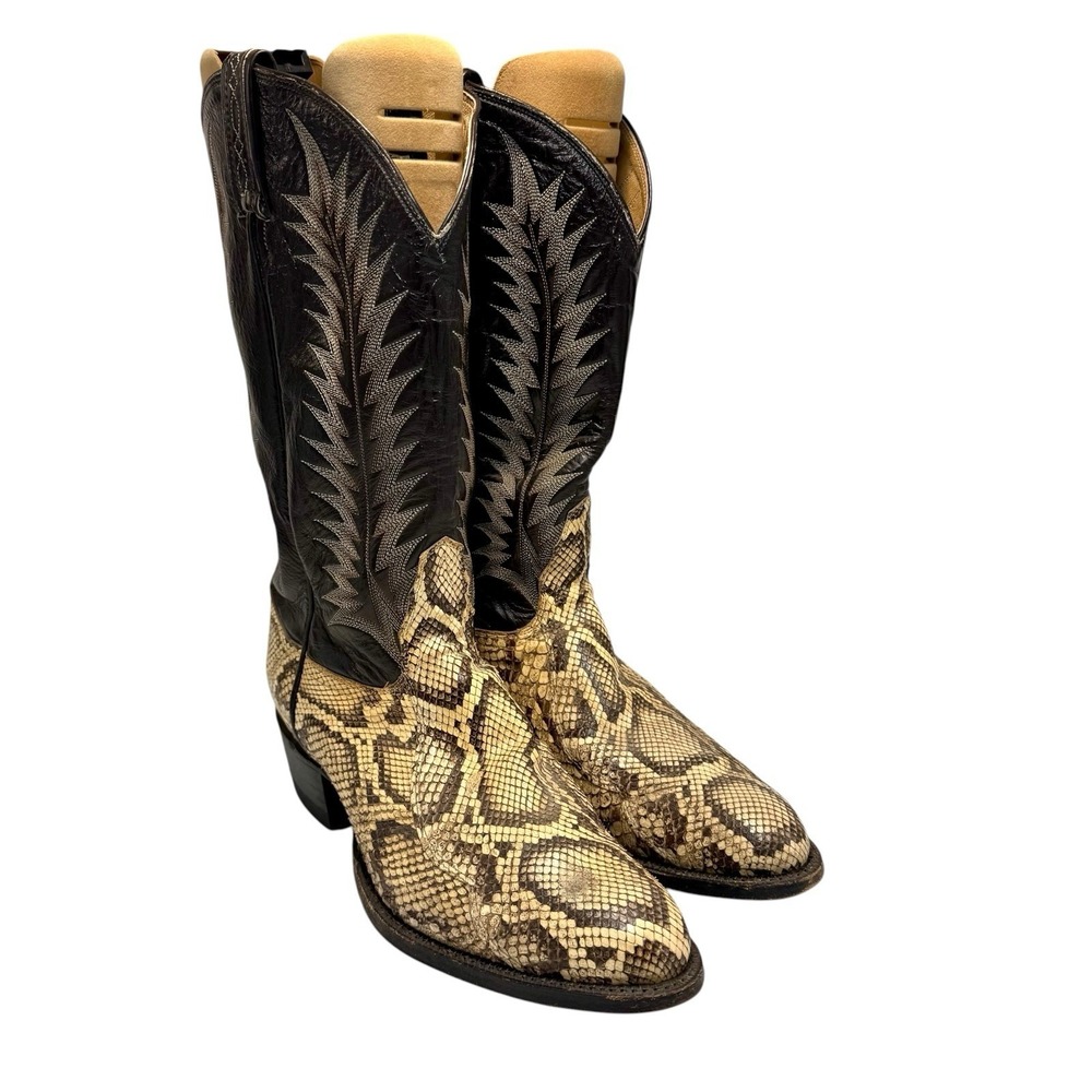 Tony Lama Mens Python Snakeskin Western Cowboy Boots Black Tan Made in USA 10 D